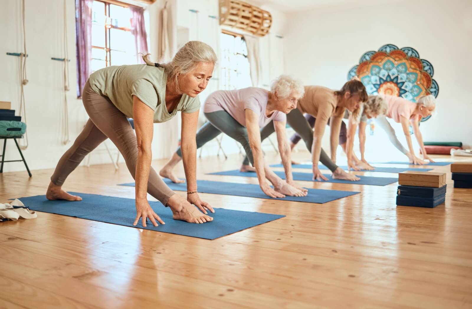 A group of seniors enjoys a gentle yoga and stretching session together.